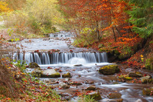 Beautiful Waterfall In Forest, Autumn Landscape