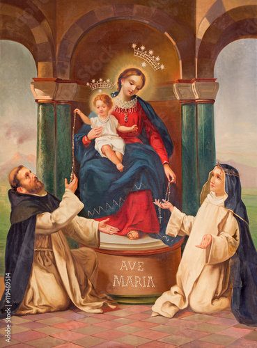 Cuadros en Lienzo BRESCIA, ITALIA - 21 DE MAYO DE 2016: La pintura de Madonna con los carmelitanos San Juan de la cruz y Santa Teresia de Avilla en la iglesia Chiesa di San Giuseppe por artista desconocido de 19