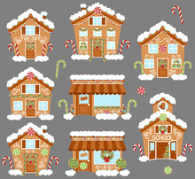 Set Of Cute Vector Holiday Gingerbread Houses, Shops And Other Buildings With Snow