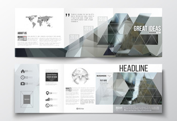 Set of tri-fold brochures, square design templates. Polygonal background, blurred image, urban landscape, modern stylish triangular vector texture.