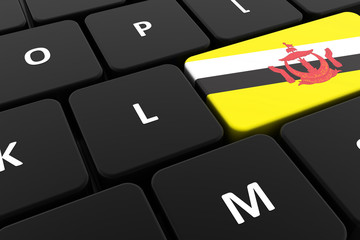 Computer keyboard, close-up button of the flag of Brunei. 3D render of a laptop keyboard