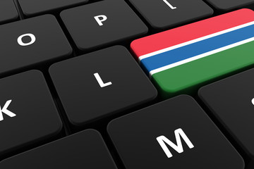 Computer keyboard, close-up button of the flag of Gambia. 3D render of a laptop keyboard