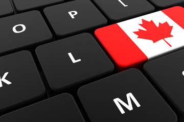 Computer keyboard, close-up button of the flag of Canada. 3D render of a laptop keyboard