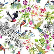 Watercolor Hand Drawn Seamless Pattern With Tropical Summer Flowers And Exotic Birds