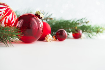 Wall Mural - red xmas ornaments on wooden background. merry christmas card. winter holiday theme. happy new year.