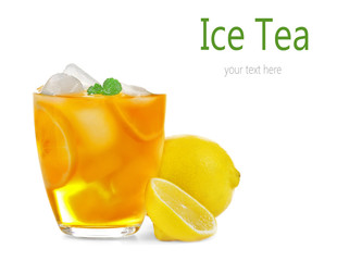 Canvas Print - Glass of iced tea with lemon and mint on white background. Space for text.