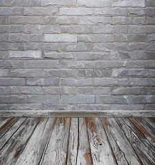 Sticker - room interior with brick stone tiles wall and wood floor backgro