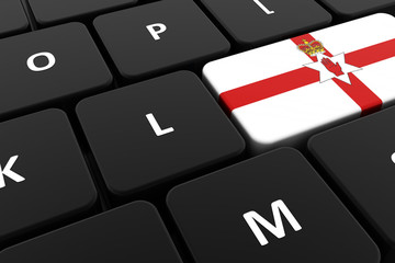 Computer keyboard, close-up button of the flag of Northern Ireland. 3D render of a laptop keyboard