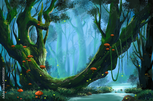 Zdjęcie XXL Dziewiczy las. Grafika cyfrowa CG gry wideo, ilustracja koncepcyjna, realistyczne tło w stylu kreskówki