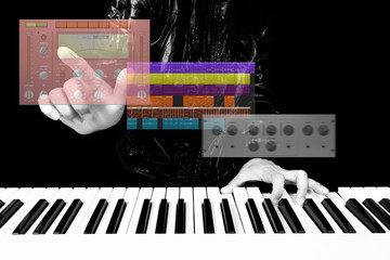 Wall Mural - music technology. hands composing or editing sound in space