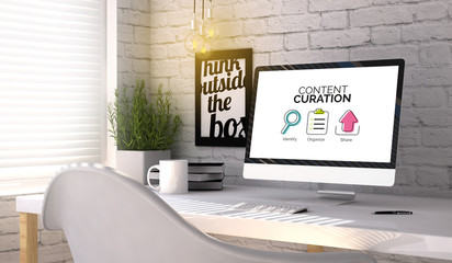 Poster - stylish workplace with computer with content curation concept on