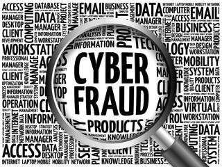 Poster - Cyber Fraud word cloud with magnifying glass, business concept 3D illustration