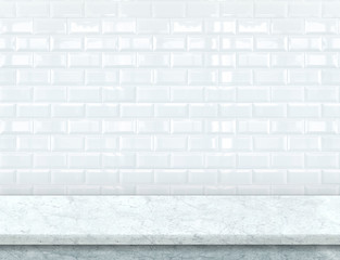 Wall Mural - Empty white marble table top with glossy ceramic white tile wall