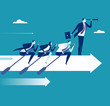 Teamwork. Business persons rowing with paddles on the white arrow sign. Business concept vector illustration