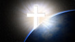 Jesus Christ cross. Easter, resurrection concept. Jesus cross rises behind Earth in space.Christian hope