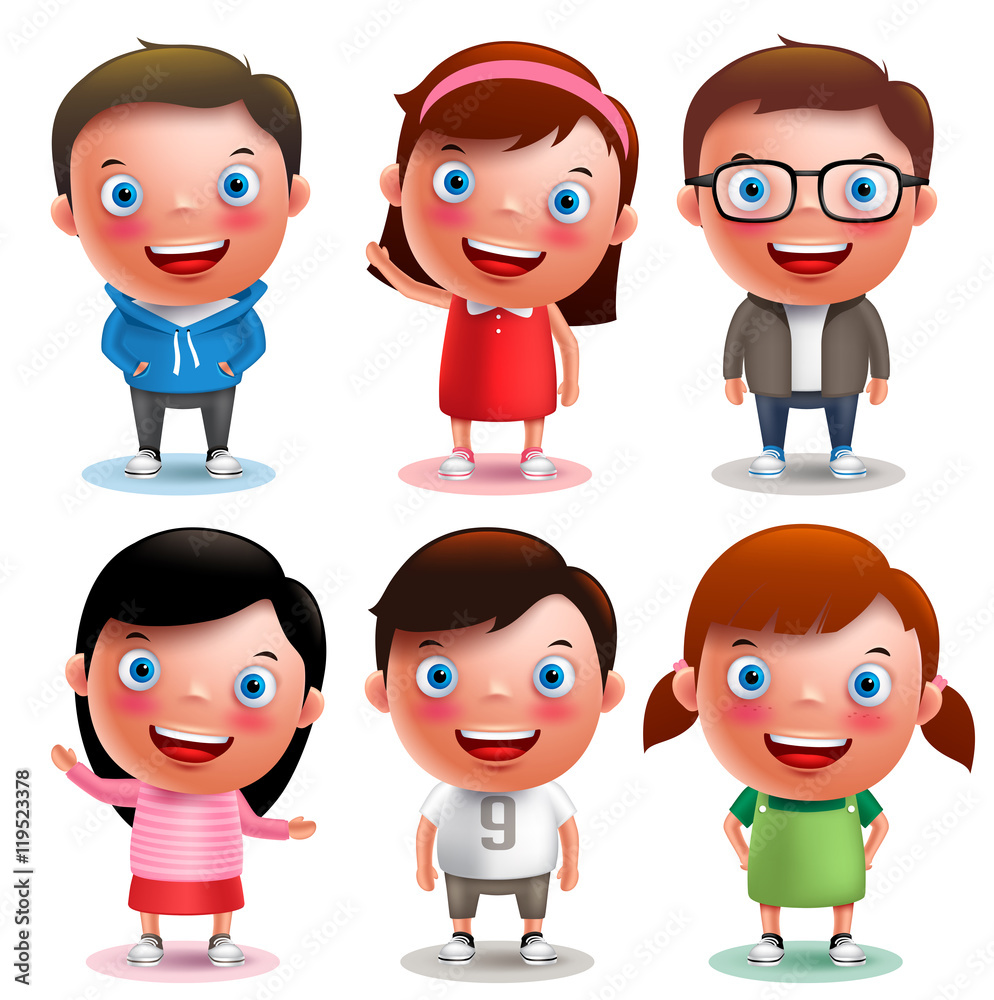Kids vector characters boys and girls set with happy smile and ...