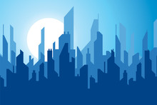 Night City In Flat Style, Modern Town, Towers And Skyscrapers, Urban Skyline, Vector Design