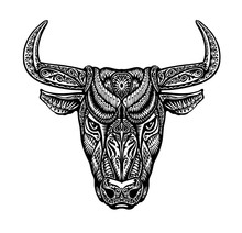 Bull, Taurus, Buffalo Painted Tribal Ethnic Ornament. Vector Illustration