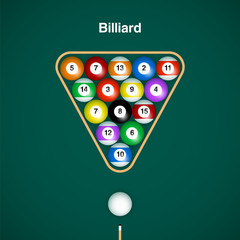 Canvas Print - Placed billiard balls on table with cue and triangle on green table background. 