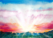 Natural Landscape With Sunrise Or Sunset Rays. Hand Painted Watercolor Image