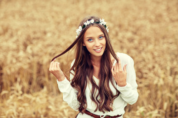 Sticker - smiling young hippie woman on cereal field