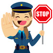 Illustration of a policewoman holding stop traffic sign and showing hand palm