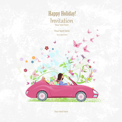 Wall Mural - Invitation card with pretty girl in pink convertible on grange b