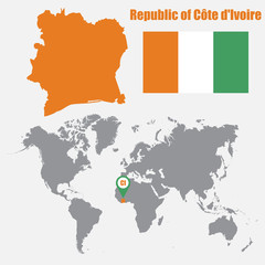 Poster - Ivory Coast map on a world map with flag and map pointer. Vector illustration