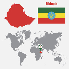 Poster - Ethiopia map on a world map with flag and map pointer. Vector illustration