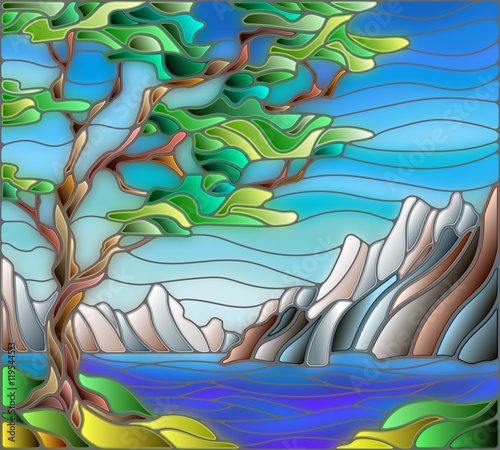 ilustracja-w-krajobraz-stylu-witrazu-z-samotnym-drzewem-na-tle-gor-wody-i-nieba