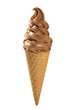 Chocolate soft ice cream waffled cone in white background.