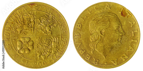Poster 200 lire 1993 coin isolated on white background, Italy