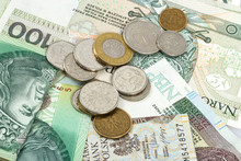 Polish Zloty In Notes And Coins, Photograph With Depth Of Field.