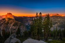 National Park Yosemite Half Dome Lit By Sunset Light Glacier Poi