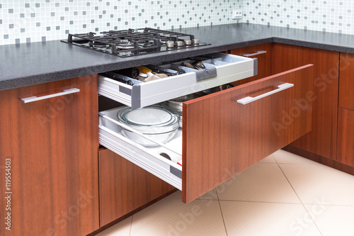 Kitchen Cupboard With Opened Drawer And Inner Drawer Inside Stock Photo Adobe Stock