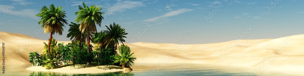 Panorama of the desert. Oasis and palm trees. banner. - obrazy, fototapety, plakaty 