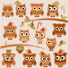 Christmas Holiday Gingerbread Cookie Owls In Vector Format