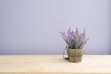 Wood Table With Purple Lavender Flower On Flower Pot And  Purple