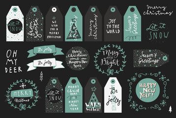 Set of Merry Christmas and New Year hand drawn greeting cards, gift tags, ribbons, wreaths