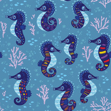 Seamless Pattern With Sea Horses
