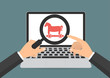 Businessman hands hold a magnifying glass found trojan horse malware computer virus on laptop computer. Vector illustration technology data privacy and security concept.