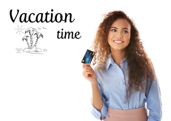 Sticker - Vacation time concept. Attractive woman holding credit card on white background