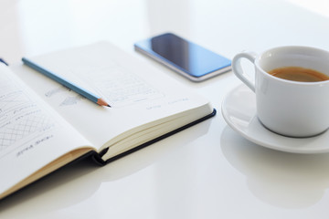 Wall Mural - pencil, open diary and coffee cup with sketch websites