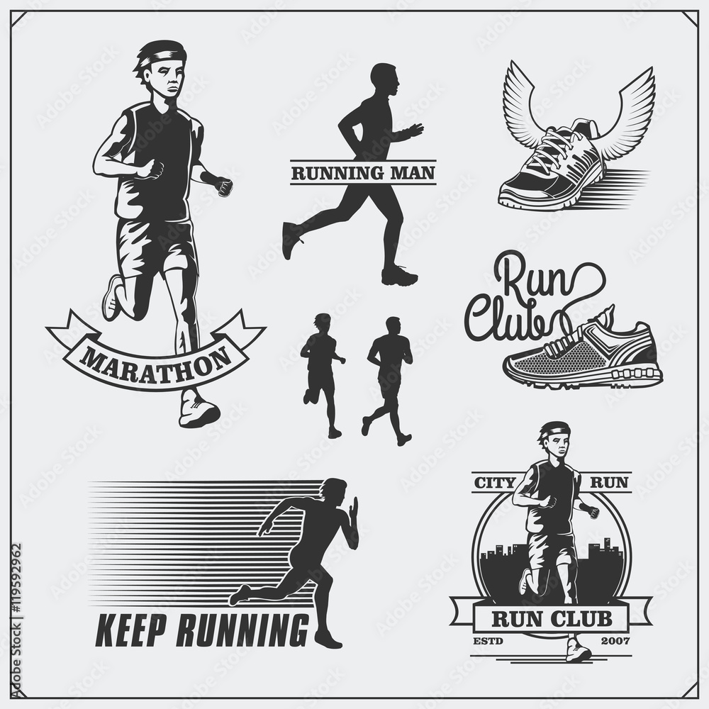 Running Labels Set of jogging and running club labels, emblems and design elements ...