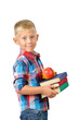 © katyshka - Portrait of happy schoolboy with books and apple isolated on white background. Education