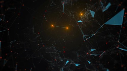 Poster - Abstract 3d background. Render of complex plexus structure with bright glow dots. Triangles and lines geometry. Loopable camera fly by.