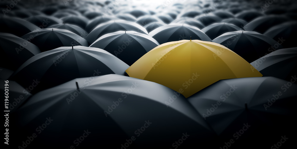 Yellow umbrella in the middle of a sea of black umbrellas, representing special element, a different view in the society. - obrazy, fototapety, plakaty 