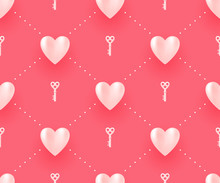 Seamless Pattern With White Hearts And Keys On A Red Background For Valentine's Day. Illustration.