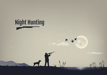 Vector Illustration Of The Process Of Hunting For Ducks In The Night. Silhouettes Of A Hunting Dog With The Hunter Against The Background Of The Night Sky With Stars And The Moon.