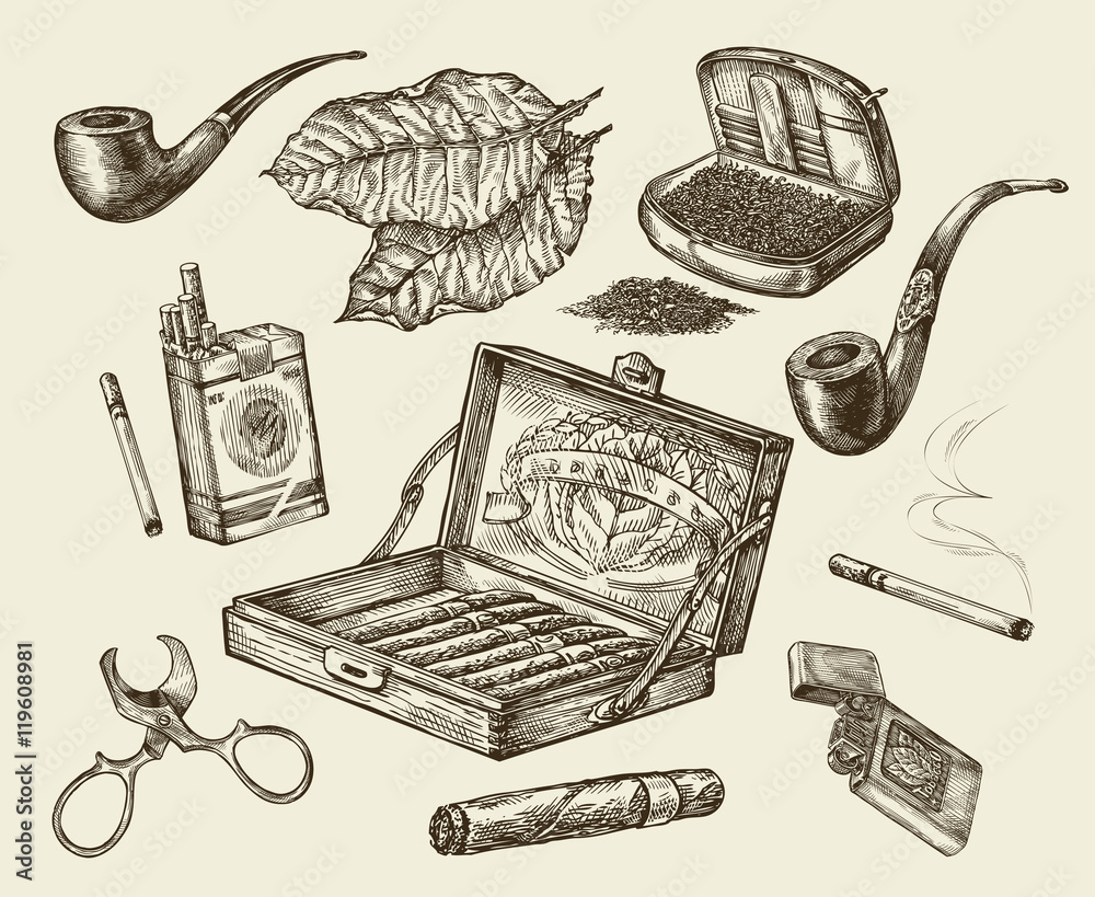tobacco sketch Tobacco. Vector collection smoking. Hand-drawn sketch pack of cigarettes,  lignter, pipe, cigar, leaf, cigarette case Stock Vector